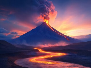 Majestic volcano erupts at sunset, casting glowing lava into the sky