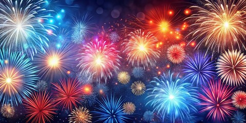 Fototapeta premium Colorful firework display on American flag pattern sky background for 4th July celebration, fireworks