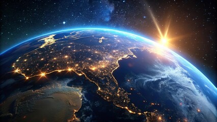 Earth seen from outer space with glowing city lights at night, planet, space, atmosphere, universe, globe, city lights, night