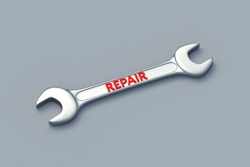 Word repair on spanner. Service concept. Home renovation. Car maintenance. Construction equipment. Technical tool. Fixing breaking. 3d render