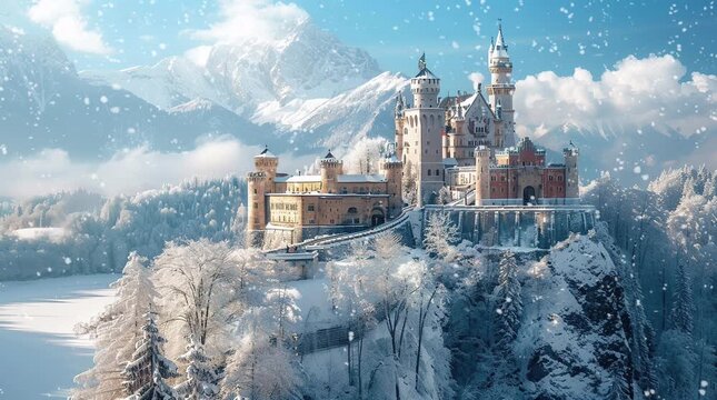 Majestic snowy castle in a winter landscape with snow-covered trees
  Seamless looping 4k time-lapse virtual video animation Generated AI