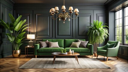 Scandinavian cozy lounge with black walls, green sofa, chandeliers, and green plants , Scandinavian, cozy, lounge