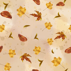 Autumn leaves. Yellow and red leaves of maple and linden. Seamless watercolor illustration in digital style. Set of beautiful leaves isolated on background. Golden Autumn and Thanksgiving