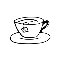 A cute hand-drawn cup of tea, a hot beverage doodle, black and white icon