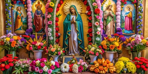 Obraz premium Colorful Virgin of Guadalupe altar adorned with flowers and religious figures, Virgin of Guadalupe, altar