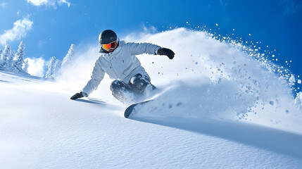 A snowboarder carving through deep snow, with the rider&rsquo;s full body visible against a snowy mountain landscape and clear blue skies.


