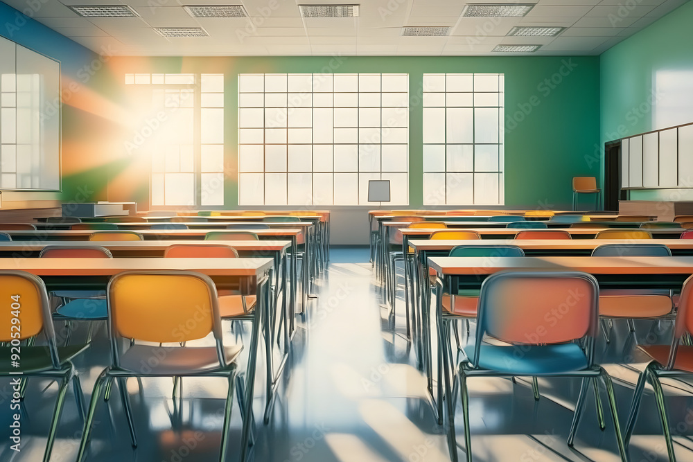 Poster sunlit classroom with empty colorful chairs and desks