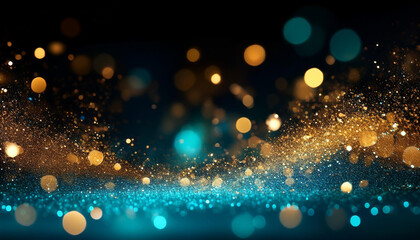 fond de particules et paillettes bleu turquoise et or, lumière colorée brillante