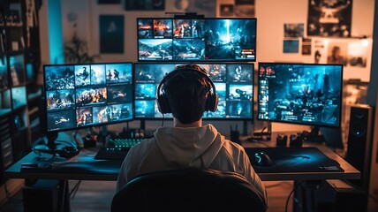 person sitting at a desk with multiple monitors displaying different online games, wearing a gaming headset, with a comfortable ergonomic chair and gaming paraphernalia scattered around