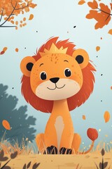 Cute Lion Cub King Wearing a Crown in Autumn Forest