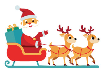 illustration of Santa clause riding his sleigh pulled by reindeers. Vector Christmas element white background 