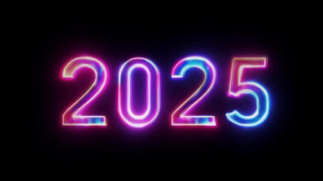 Neon glowing 2025 text animation on black background. New Year celebration. Future and futuristic technology concept. 3D animation. Colorful greeting text