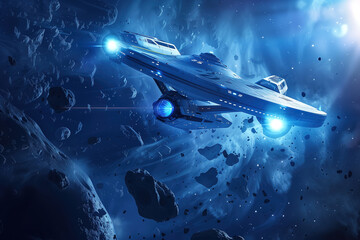 Obraz premium Futuristic spaceship navigates asteroid field in deep space, lit by stars and blue thrusters