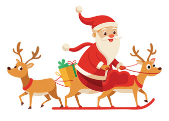 illustration of Santa clause riding his sleigh pulled by reindeers. Vector Christmas element white background 