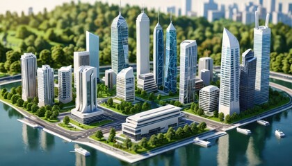Miniature Cityscape with Skyscrapers and River.