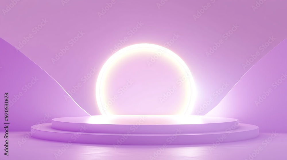 Poster a illuminated stage with a glowing circular backdrop in a purple setting
