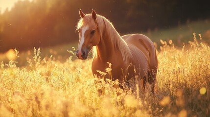 Naklejka premium Golden palomino horse standing in tall grass at sunset.