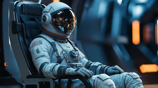 Astronaut sitting inside spaceship cockpit during mission. Space exploration and travel concept. Interstellar spacecraft, high-tech space station. Science fiction. 