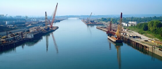Fototapeta premium Bridge construction over a vast river as part of a major infrastructure project