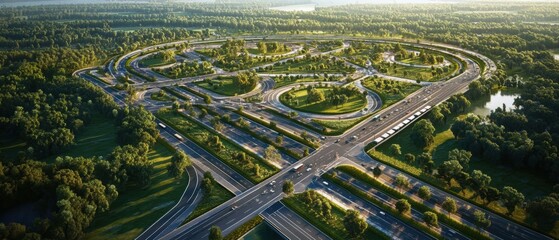 Naklejka premium Aerial view of a large-scale infrastructure development with highways and railways intersecting