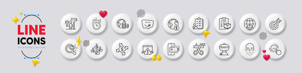 Yummy smile, Checklist and Payment exchange line icons. White buttons 3d icons. Pack of Grill, Parcel checklist, Online warning icon. Budget, Target, Teamwork pictogram. Vector