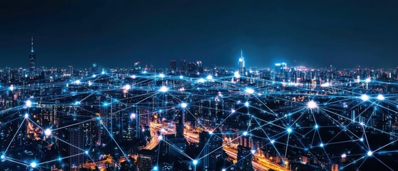 High-tech infrastructure network with smart grids and connected urban systems illuminated at night