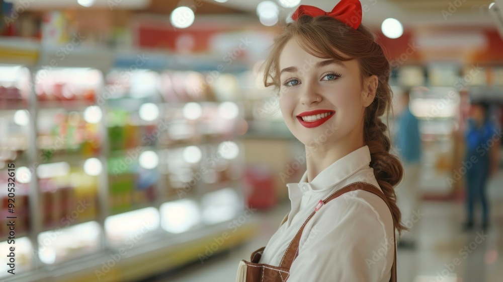 Canvas Prints a woman wearing a red bow in a store