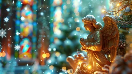 Fototapeta premium A festive angel statue with golden lights and a light dusting of snow stands beautifully, the warm glow and intricate details creating a sense of holiday wonder.