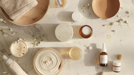 Flat lay of a minimalist beauty routine setup with skincare creams, serums, and face masks
