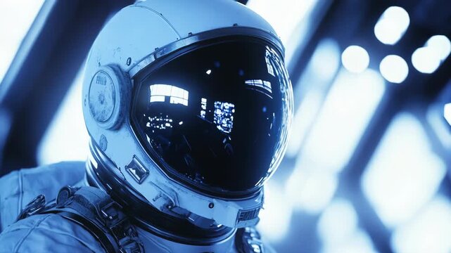 Close-up of astronaut inside spaceship cockpit during mission. Space exploration and travel concept. Interstellar spacecraft, high-tech space station. Science fiction. 