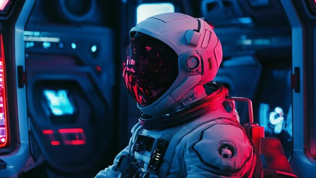 Astronaut sitting inside spaceship cockpit during mission. Space exploration and travel concept. Interstellar spacecraft, high-tech space station. Science fiction. 