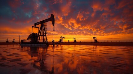 Sunset over oil pumps in a Texas oil field reflecting vibrant colors in water