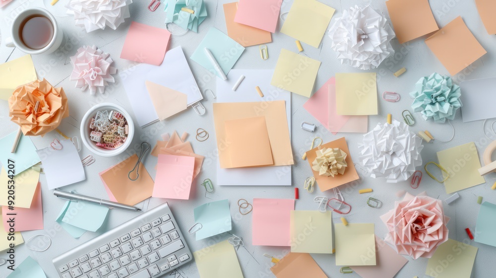 Poster modern startup ideation workspace with vibrant sticky notes and sketches on large table for brainsto