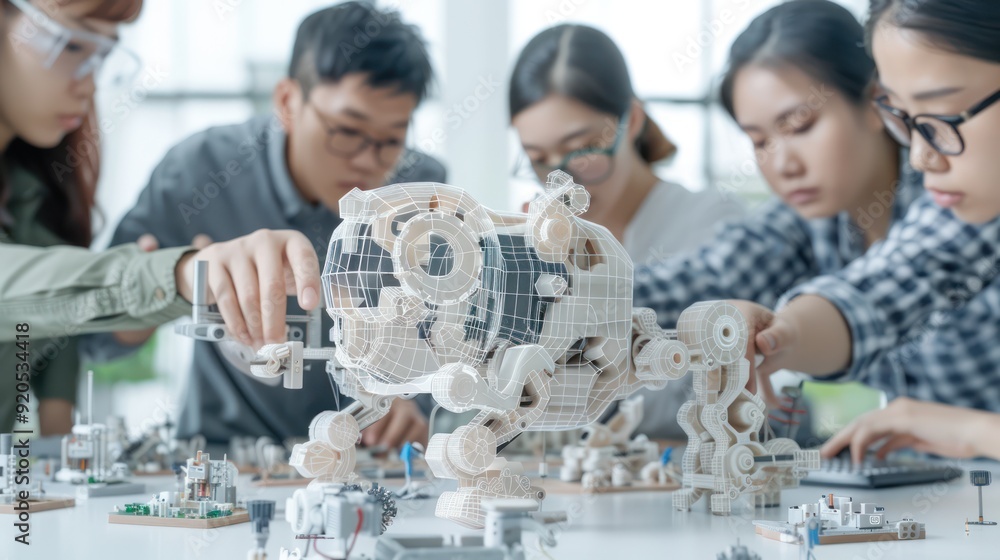 Poster innovative startup team collaborating around 3d printer for tech-driven product development, generat