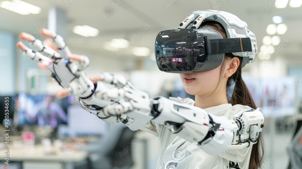 Poster immersive tech innovation: startup team engaged in 32k vr simulation with sharp line detail, generat