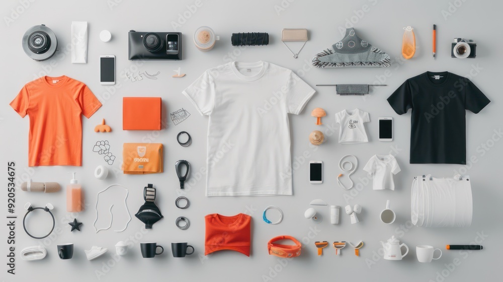 Poster creative startup workspace with merchandise for branding and design inspiration at sharp 32k resolut