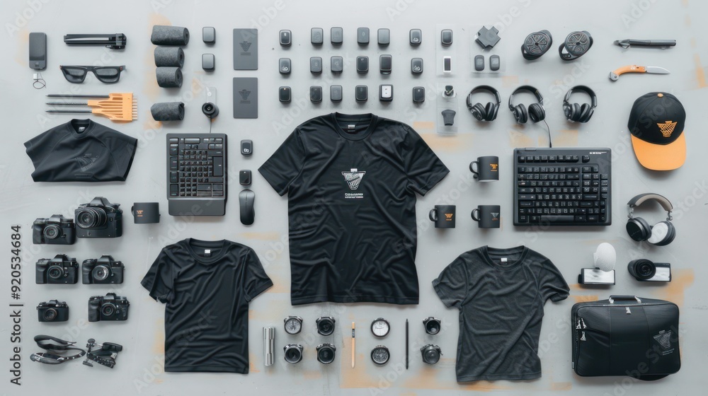 Poster modern startup workspace with branded merchandise and sharp design elements in high resolution, gene