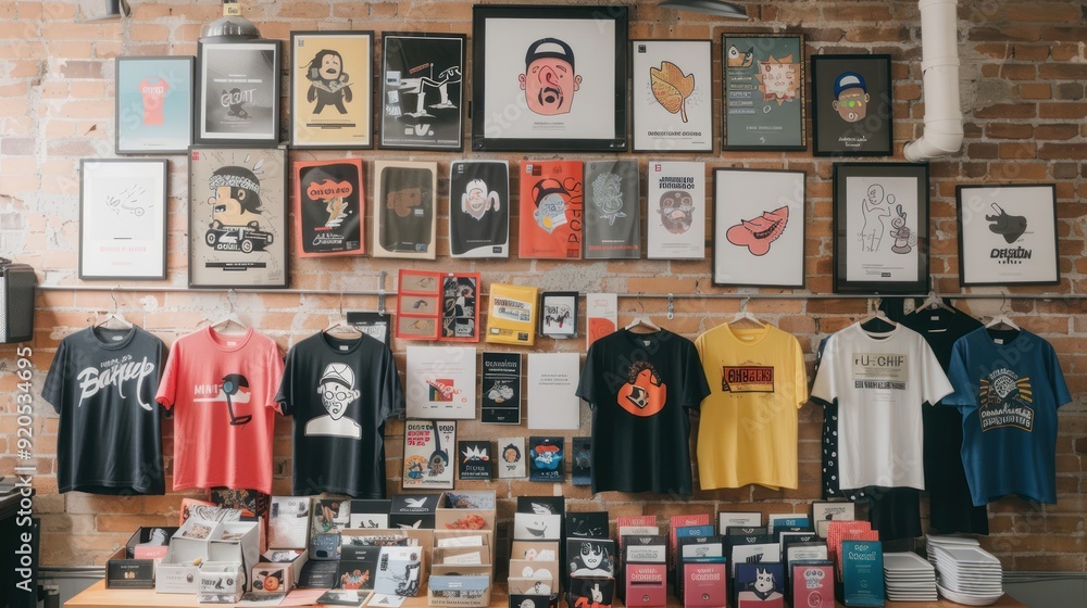 Poster modern startup workspace with branded merchandise and sharp design elements, generative ai