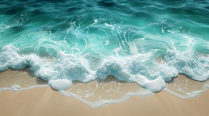 Fototapeta premium Waves gently crash on a sandy beach during a sunny day with clear blue waters