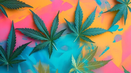 Marijuana leaves on a colorful background, close up top view on cannabis leaves and branches on colorful background for alternative medical and marketing design concept