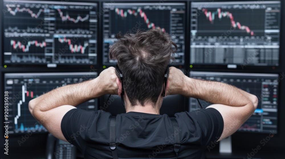 Poster data-driven entrepreneur analyzing market trends on multiple sharp 32k monitors for startup growth, 