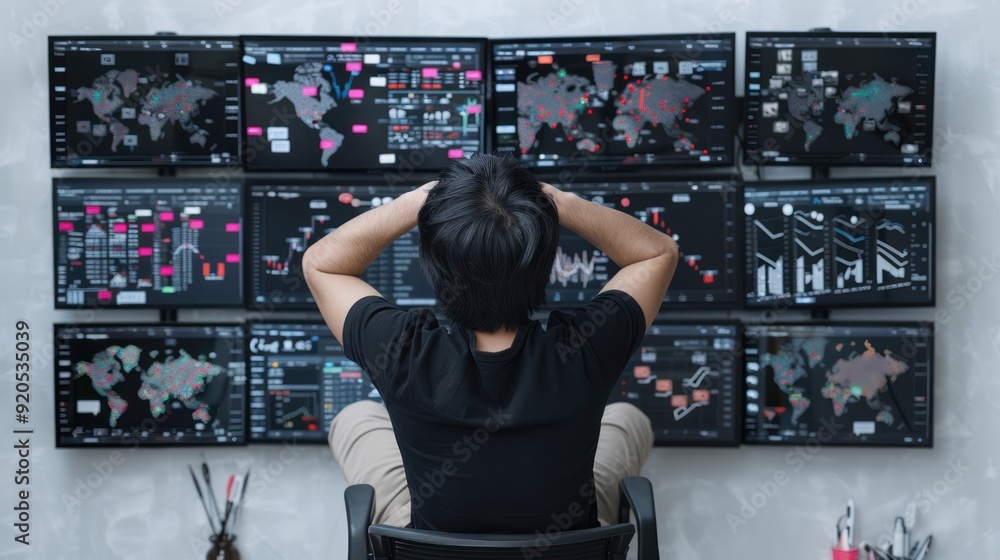 Poster entrepreneur analyzing market trends on multiple monitors for data-driven startup growth in sharp 32