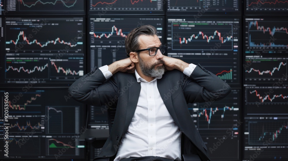 Poster tech-savvy entrepreneur analyzing market trends on sharp 32k resolution monitors for data-driven sta