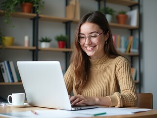 Attractive Student Woman Reading and Correcting Essay at Desk with Laptop, Preparing for Session and Diploma Work