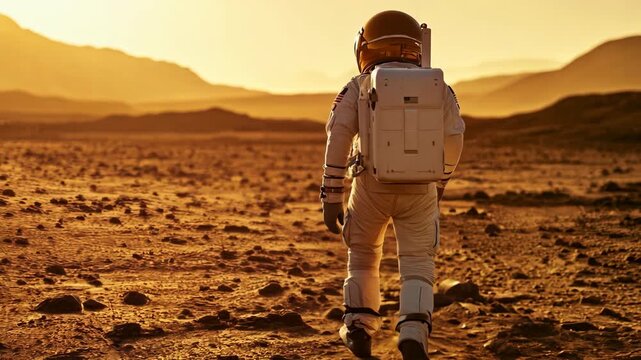 Astronaut walking on mars surface. Back view of spaceman wearing space suit. Space exploration concept. Space mission on red planet. Mars colonization concept. Science and research