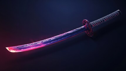 A katana sword with a glowing pink and blue effect, laying on a dark background.