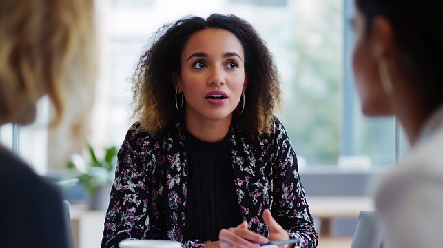 Female professional discussing business strategies with her team in a modern office setting