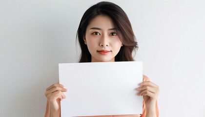 Naklejka premium an asian woman hold white paper at the white isolated background
