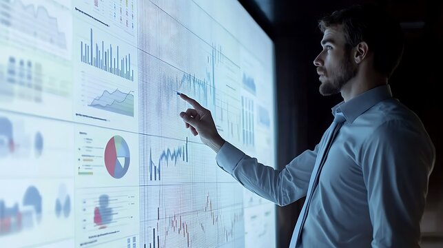 Businessman explaining a new project to his team, using charts and graphs displayed on a large screen