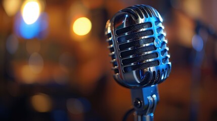 Vintage Retro Microphone on Stage with Blurred Background and Warm Lighting in a Music Venue